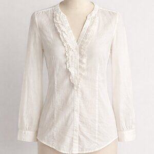 Boden 100% Linen Woman's Cream Ruffle V-Neck Button Down Blouse